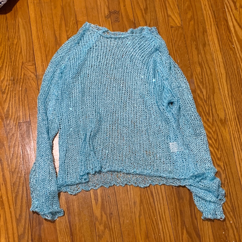 Sequin Light Blue Open Knit Women’s Sweater